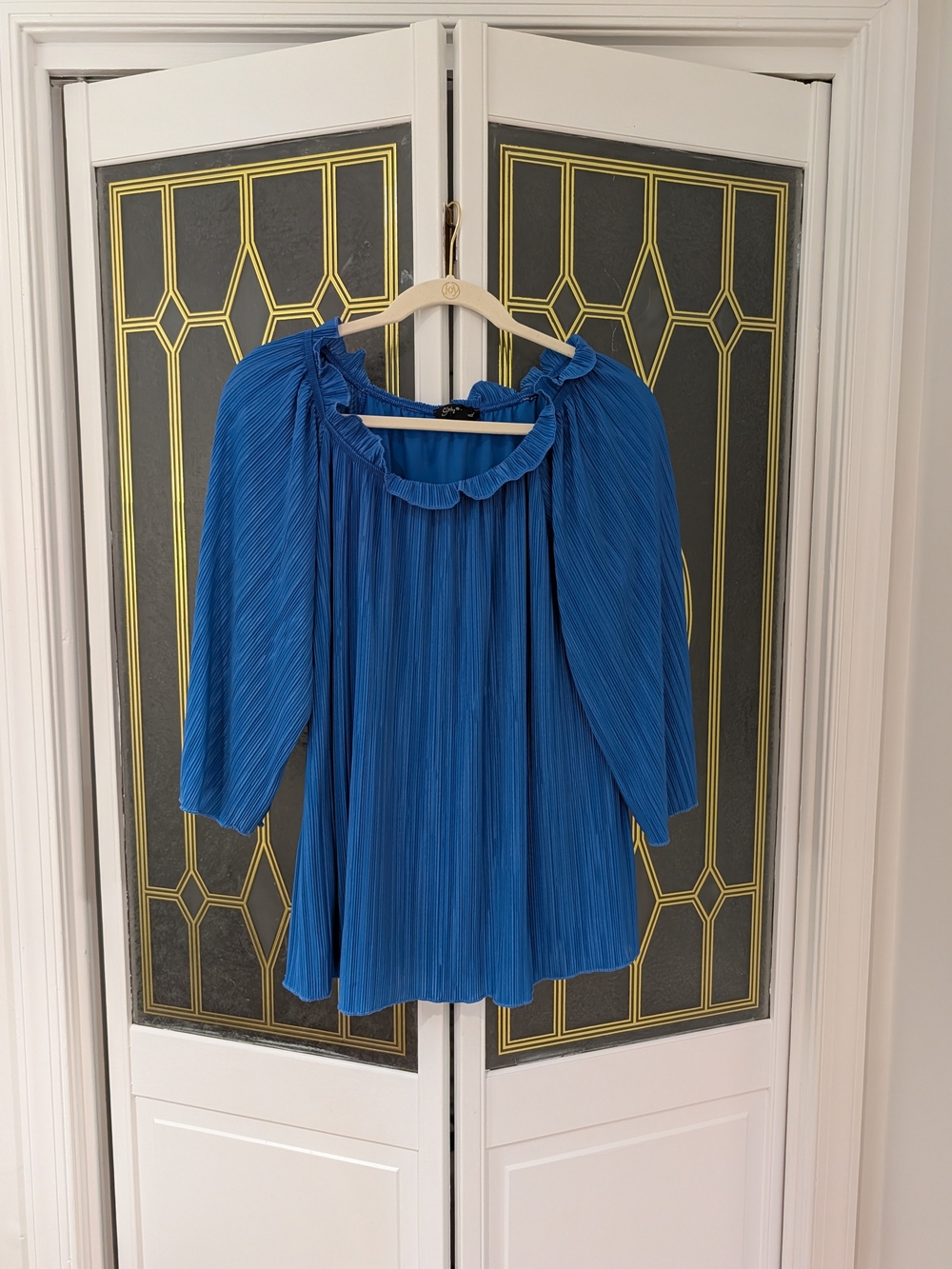 Slinky Brand Royal Blue Pleated Ruffle-Neck Blouse